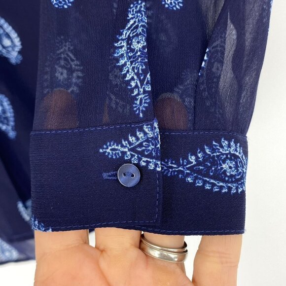 Lucky Brand Indigo Navy Blue Paisley Print BOHO LS Sheer Button Up Blouse Top, M - Picture 3 of 10